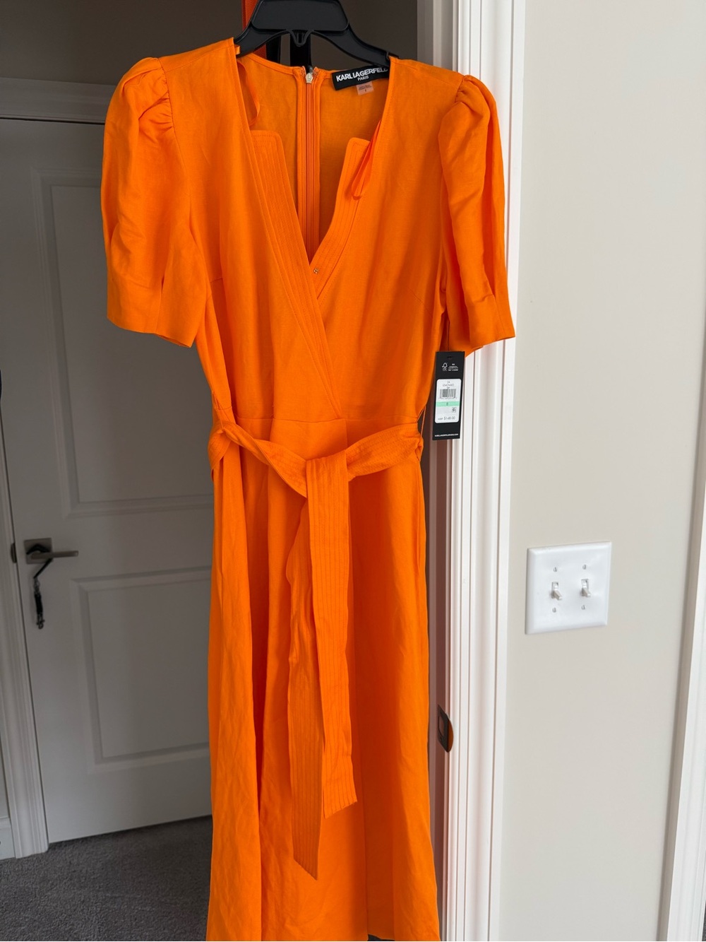 Karl Lagerfeld Bright Orange Midi Wrap Dress with Tie Waist